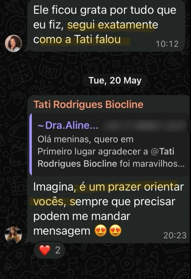 Conversa em que uma aluna relata ter seguido o protocolo da Dra. Tatiane e a resposta da mentora