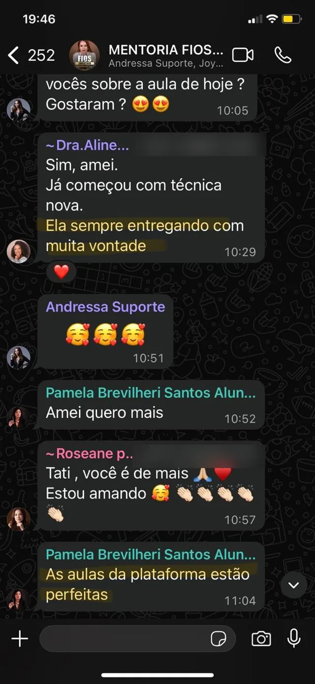 Conversa do grupo da mentoria, com alunas comentando a aula e a plataforma