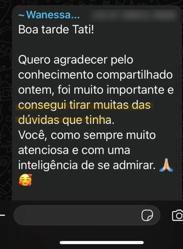 Mensagem de Wanessa agradecendo pelo conhecimento compartilhado e dizendo que tirou muitas dúvidas