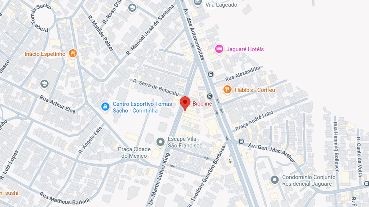 Mapa da região da BIOCLINE, na Avenida Doutor Martin Luther King, com a Praça Cidade do México e a Avenida dos Autonomistas ao redor