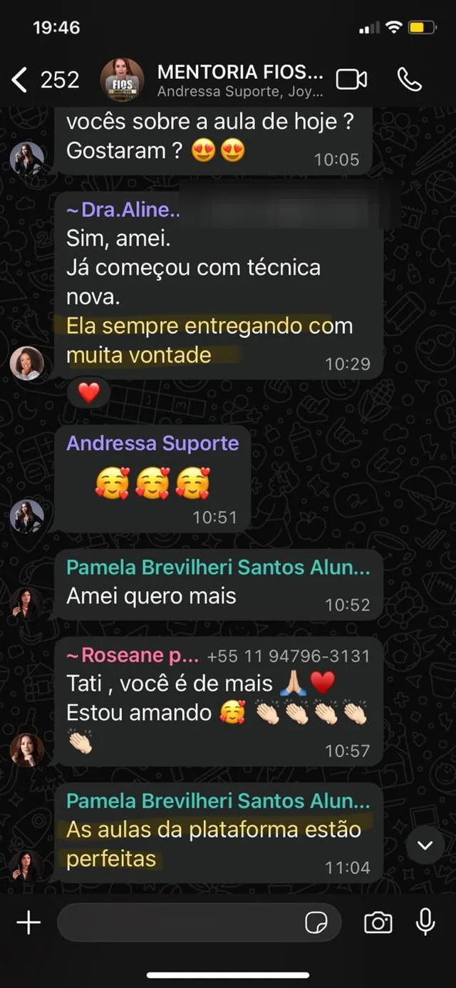 Conversa do grupo da mentoria, com alunas comentando a aula do dia