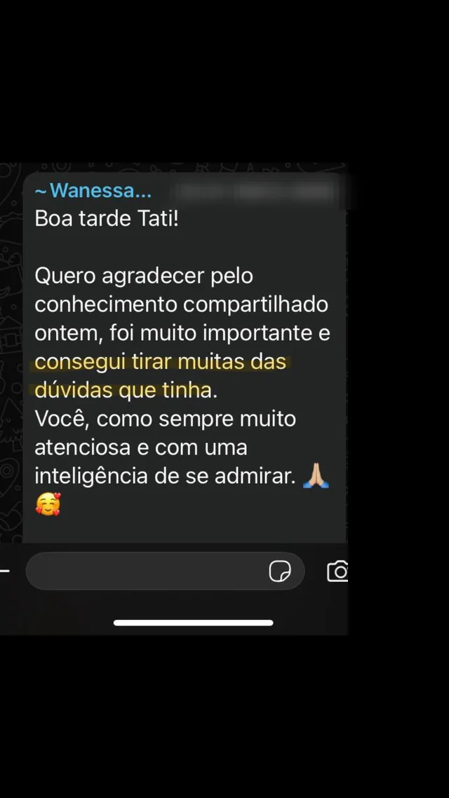 Mensagem de aluna agradecendo pelo conhecimento compartilhado e dizendo que tirou muitas dúvidas