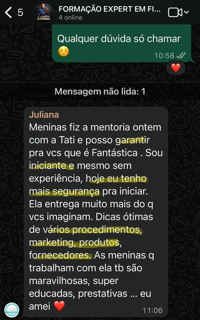 Mensagem no grupo de uma aluna que fez a mentoria e recomenda a formação às colegas